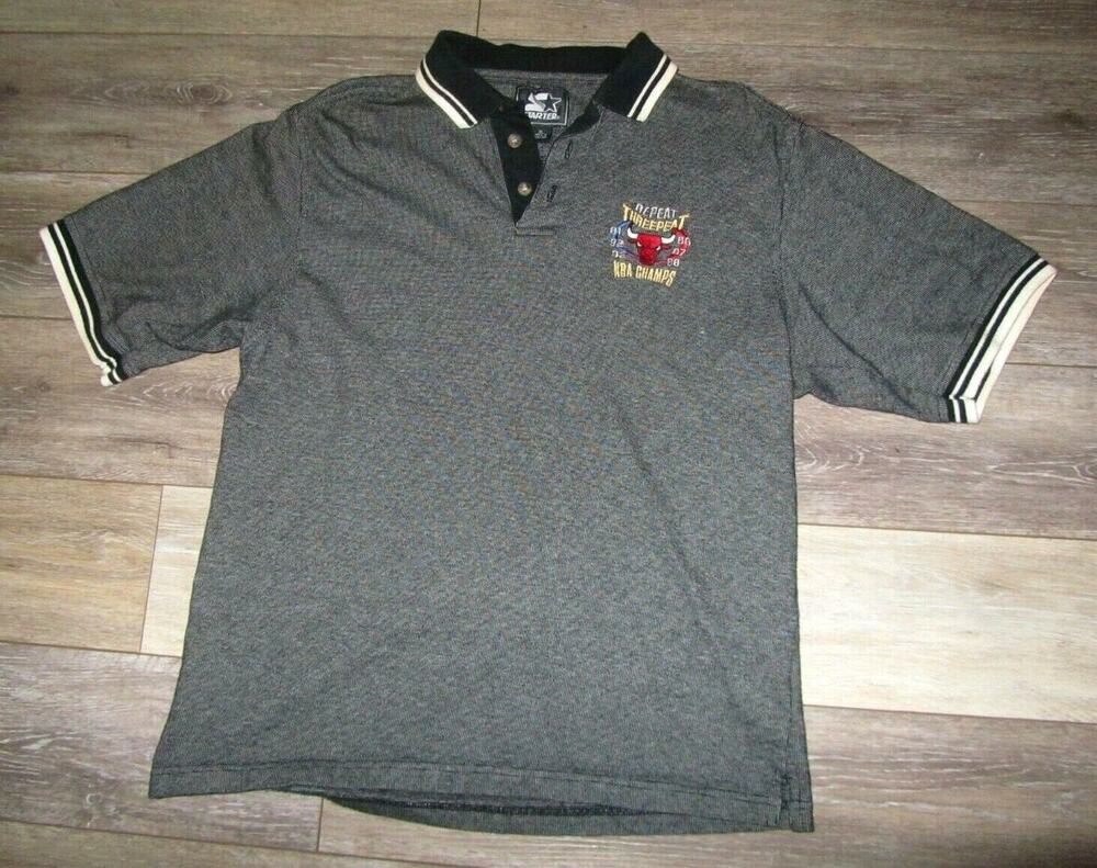 VTG 1998 Starter brand Chicago Bulls "REPEAT THREEPEAT NBA CHAMPS" polo shirt M